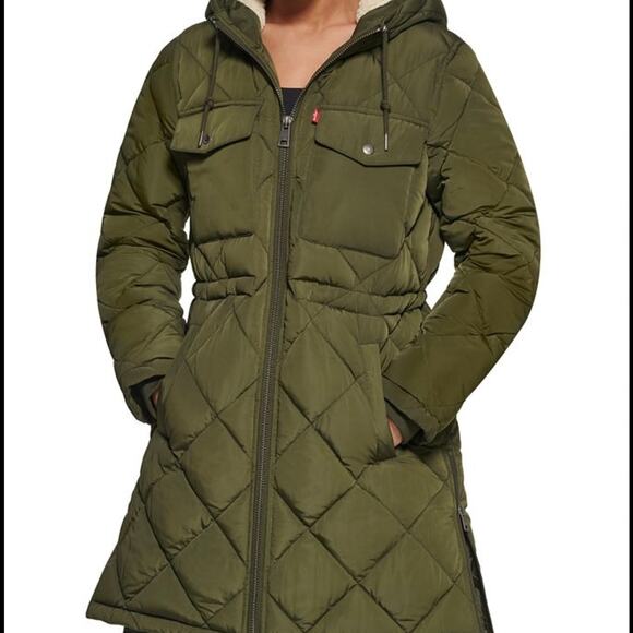 Levi's Women's Soft Sherpa Lined Diamond Quilted Long Parka Green Jacket NWT - Picture 1 of 11